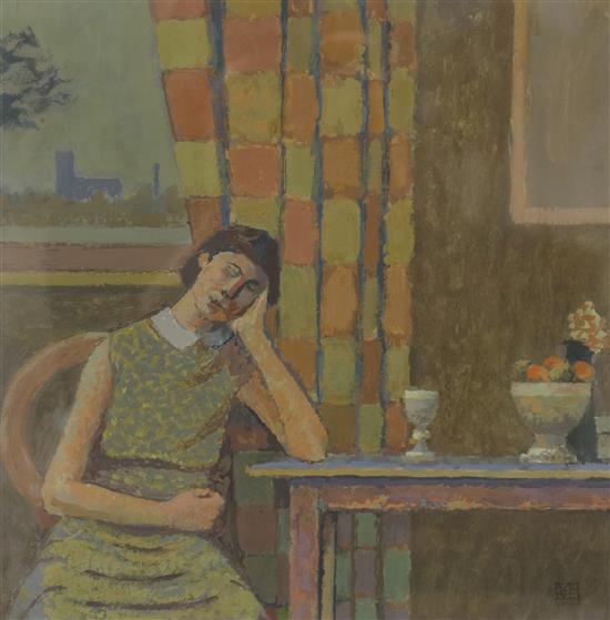 Nicholas Simington Woman seated at a table 29 x 29cm